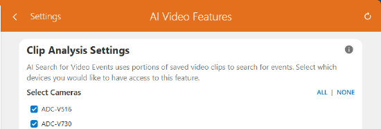 Customer website AI Video Search camera selection